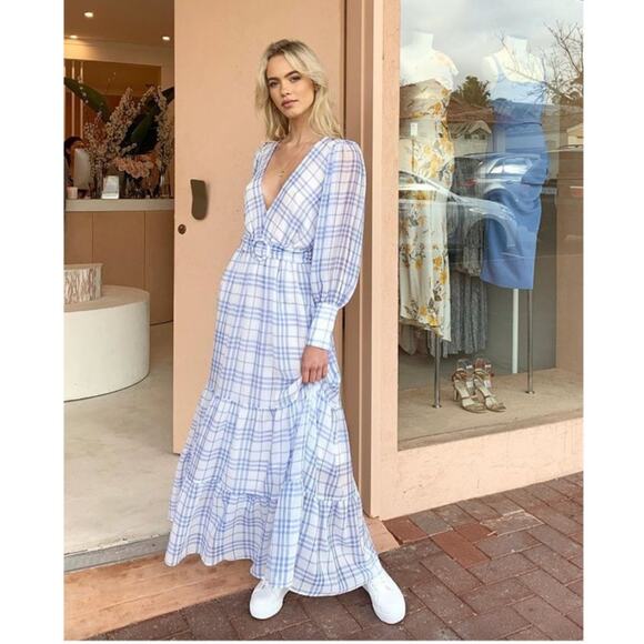 Bec & Bridge Alexa White & Blue Checked Long Sleeve Maxi Dress - Picture 2 of 11